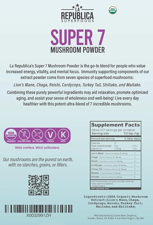 La Republica Superfood Super 7 Mushroom Extract Powder 8oz, Includes Lion's Mane, Reishi, Chaga, Cordyceps, Shitake, Maitake and Turkey Tail