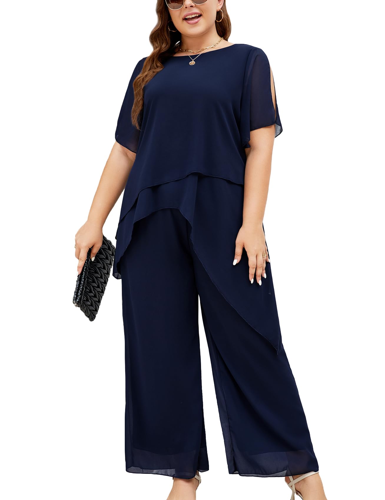 ZOMVA Plus Size Dressy Chiffon Pant Suit 2 Piece