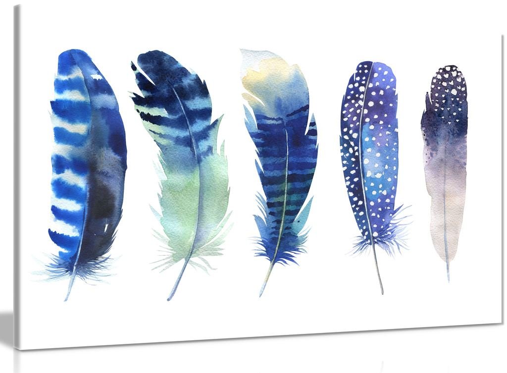 Panther Print Blue Watercolour Feathers Boho Canvas Wall Art Picture Print (30X20in)