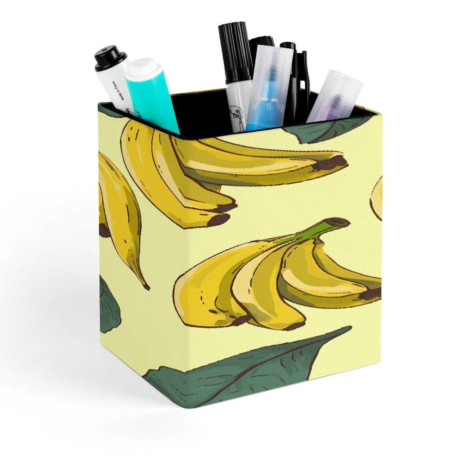FekiLoot Banana Print Pen Holder for Desk Minimalist Leather Pencil Holder Fashion Modern Pencil Cup Decorative Square Pen Cup Locker Organizer for Office Work Locker Accessories