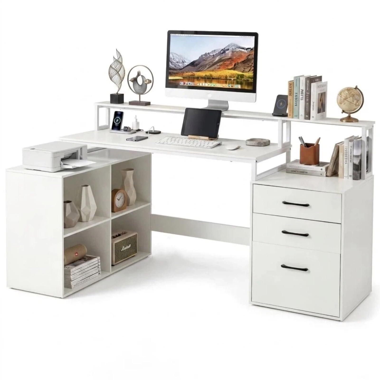KOMFOTTEU L-förmiger Eckschreibtisch mit Ladestation, 166 x 90 cm, Gaming-Schreibtisch mit Schubladen, Computertisch und Platz für den Drucker, für Arbeitszimmer, Büro und Schlafzimmer, weiß