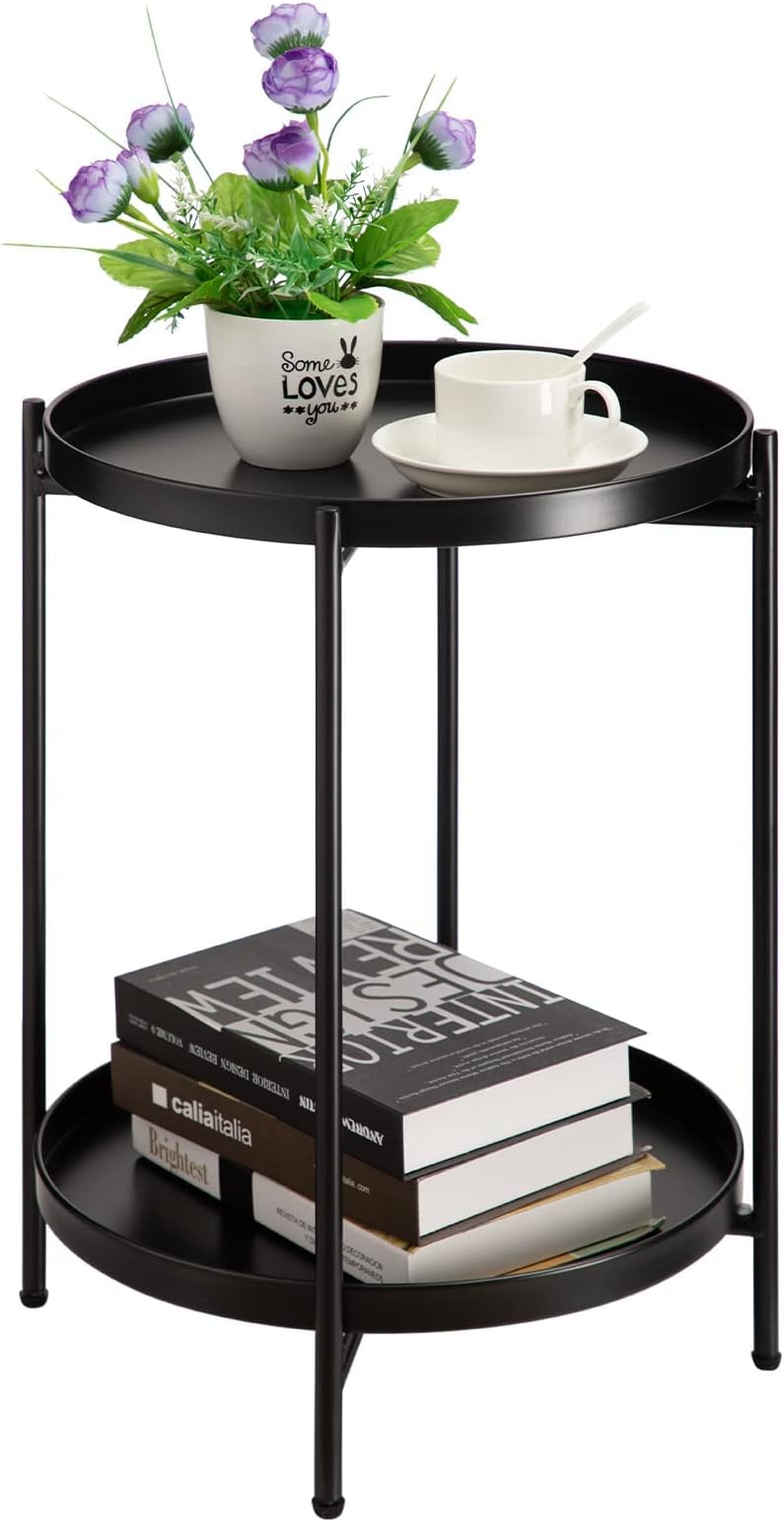 HollyHOME Round Side Table Living Room Small Metal Coffee Table for Balcony Patio 2 Tier Tray End Table Nightstand for Bedroom, Black