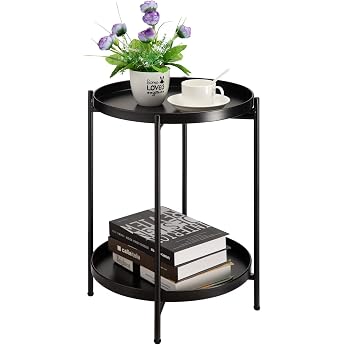 HollyHOME Round Side Table Black Metal Balcony Table Small Coffee Table | Sofa Table Bedside Table 2 Tier Side Table for Livi