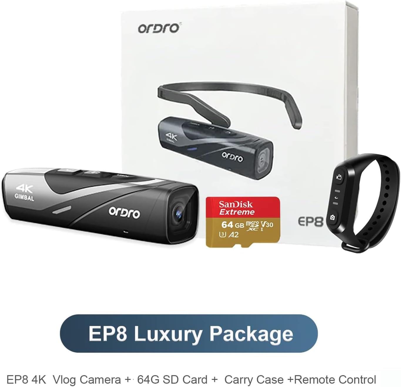 ORDRO EP8 Videocamera Indossabile, Vlog Camera 4K 60fps con Sensore da 1/2.8", Cattura POV, Stabilizzatore Cardanico a 2 assi, WiFi 2.4/5G, Con telecomando e scheda microSD 64GB