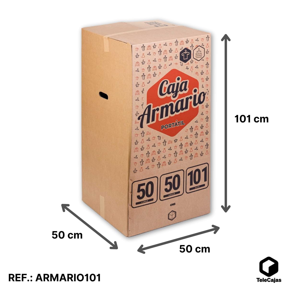 TELECAJAS | Caja Armario Portátil 50x50x101 cm de Cartón Doble | Ideal para mudanzas, trasteros o Viajes | Fácil Montaje con Barras Perchero y Cinta Adhesiva de Regalo Incluidas | Pack de 2 Armarios