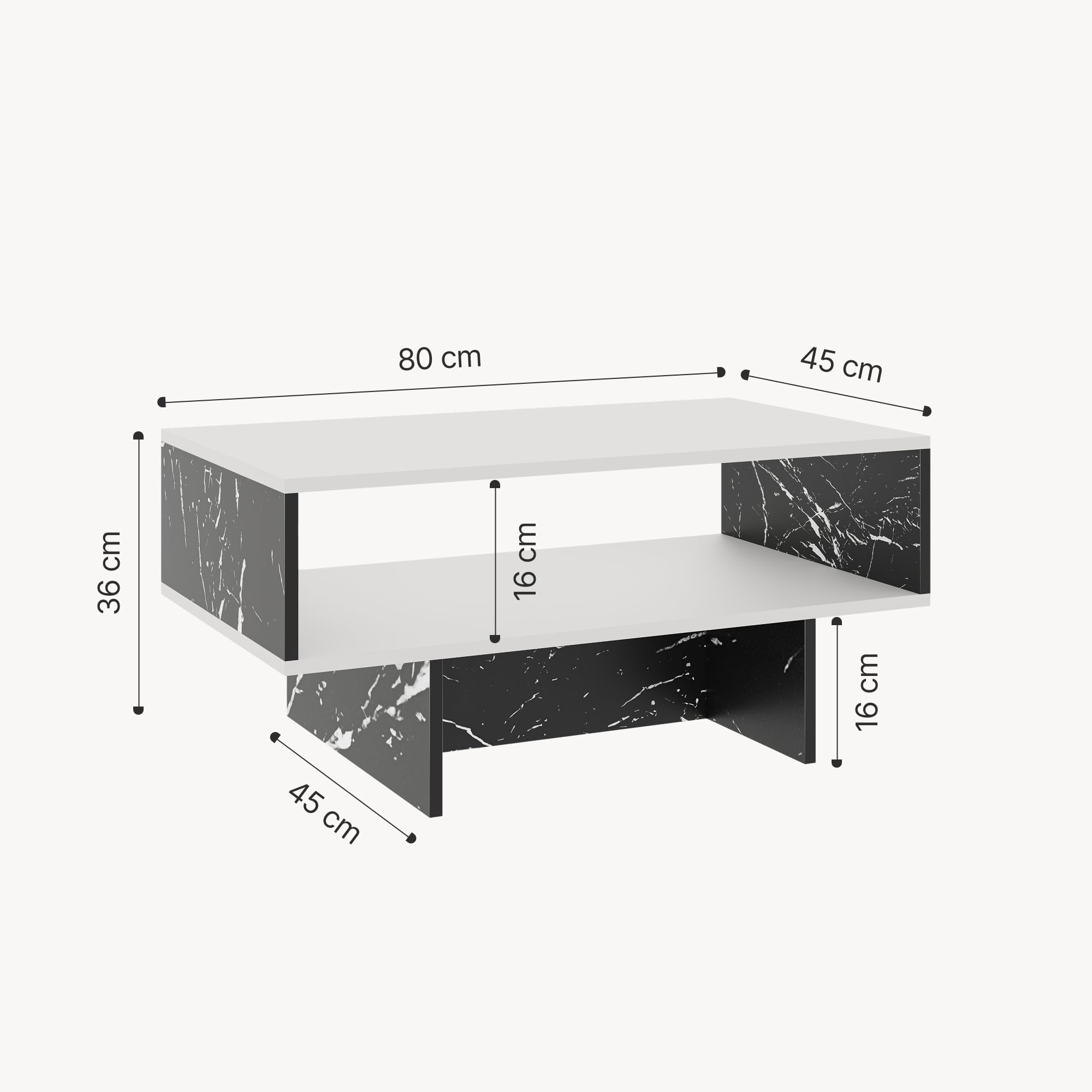 [en.casa] Mesa de Centro Mesa Auxiliar Rectangular Mesa Baja Estable con Estante para Salón Aglomerado 37 x 80 x 45 cm Blanco/Mármol Negro