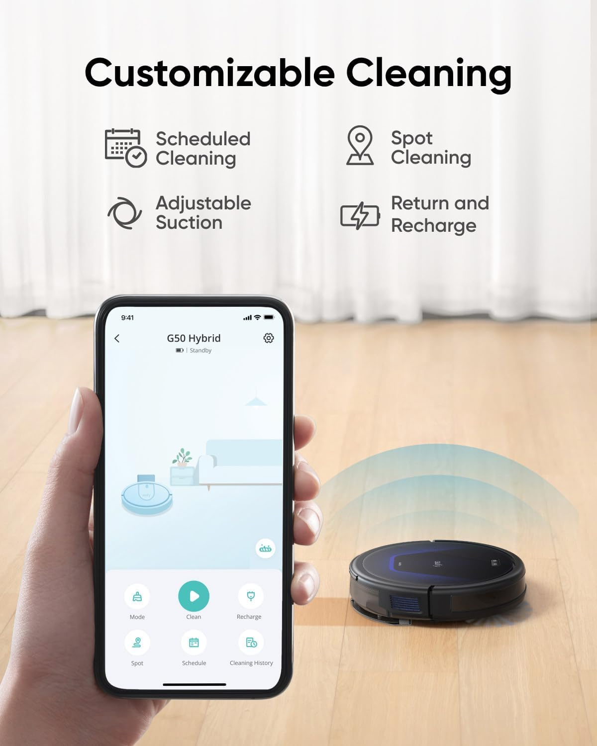 Hybrydowy robot odkurzający eufy G50 z silnym ssaniem 4000 Pa, dynamiczną nawigacją, grzebieniem Pro-Detangling, szczotką walcową, nakładką mopującą do czyszczenia lekkich powierzchn