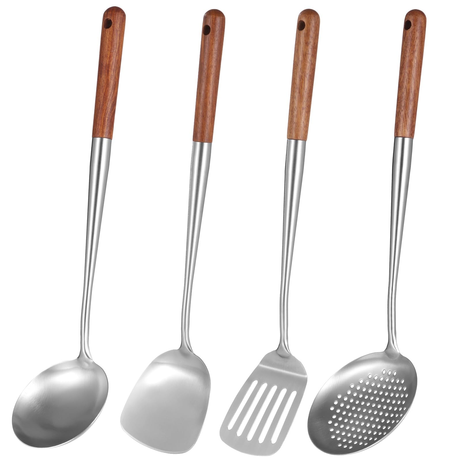 Set de 4 ustensiles pour wok en acier inoxydable, spatule, louche, écumoire et spatule ajourée, poignées en bois isolantes, pour cuisson au wok, faciles à nettoyer