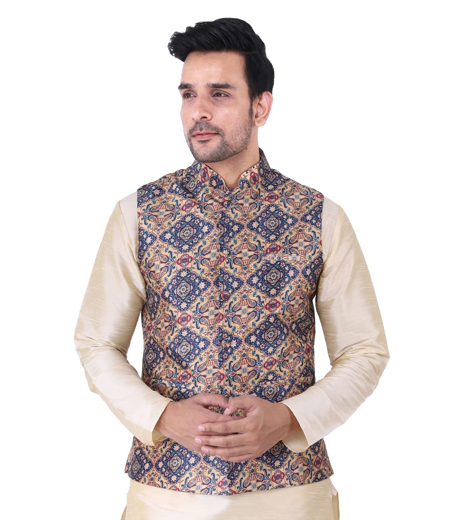 Men's Nehru Jacket, Traditional Brocade Waistcoat, Party Wedding Ceremonial Wear (IN, Alpha, M, Regular, Squre Print)