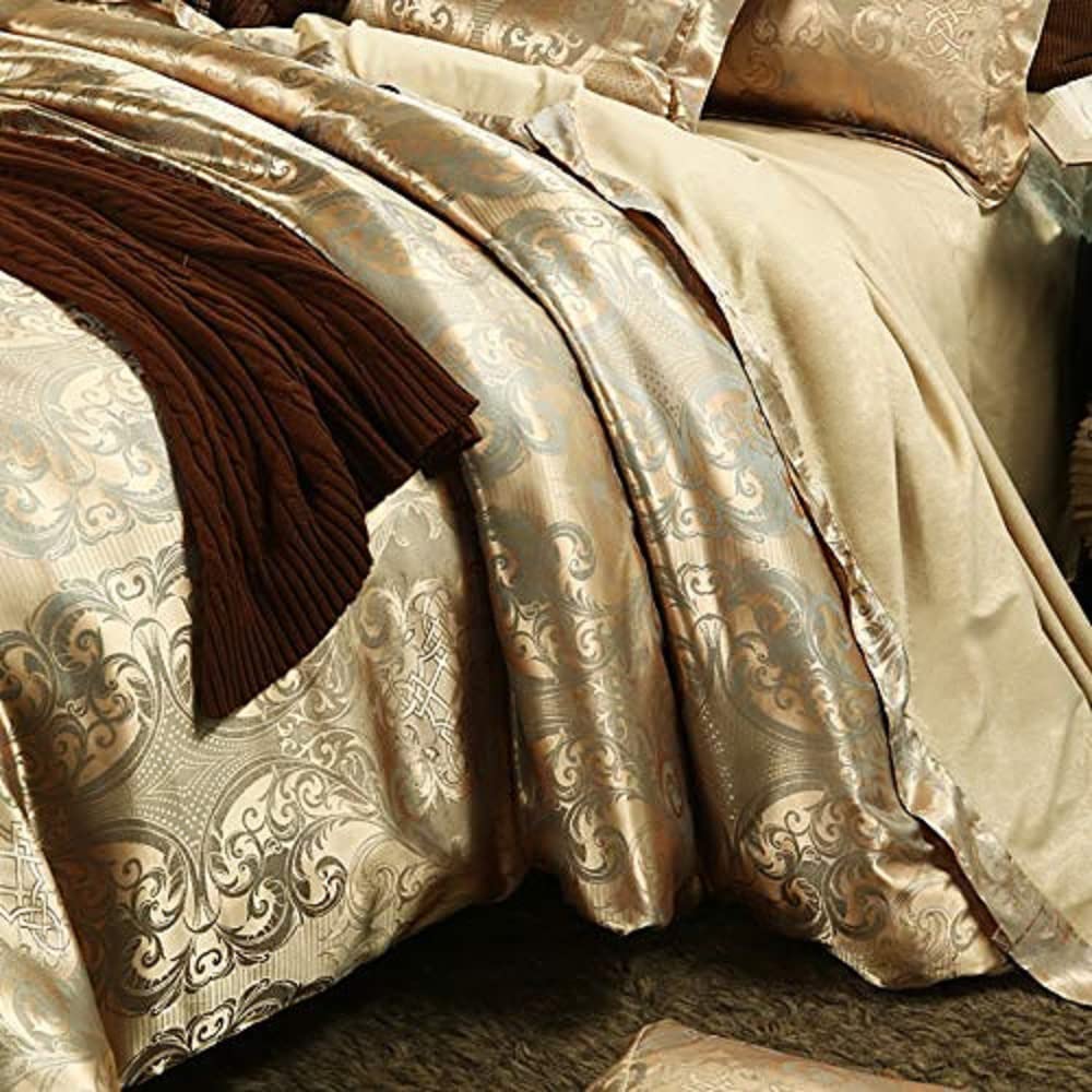 Bettwäsche 200x220 cm Satin Bettbezug Set Golden Gelb Jacquard Stickerei Blumenmuster Seide Wendebettwäsche Set Luxuriös Modern Bettbezug mit Reißverschluss Kissenbezug 80x80 cm