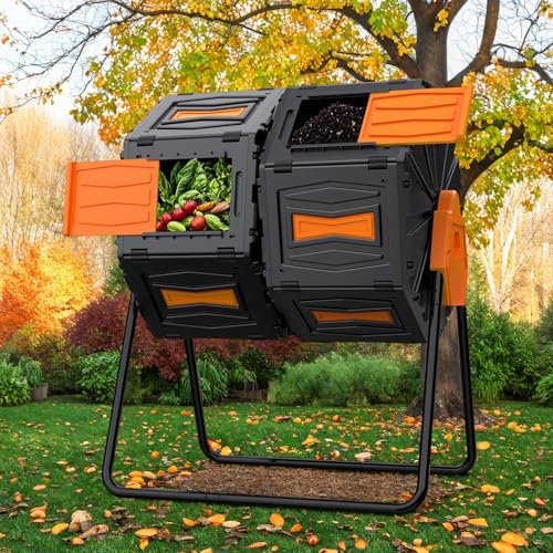 GasXcel Compost Bin Outdoor, 45Gallon Dual Chamber Composter Large Composting Bin, 360° Rotating Compost Bin, BPA-Free Fast-Working Tumbling Compost Barrel, Heavy-Duty Kitchen Garden Composter Tumbler