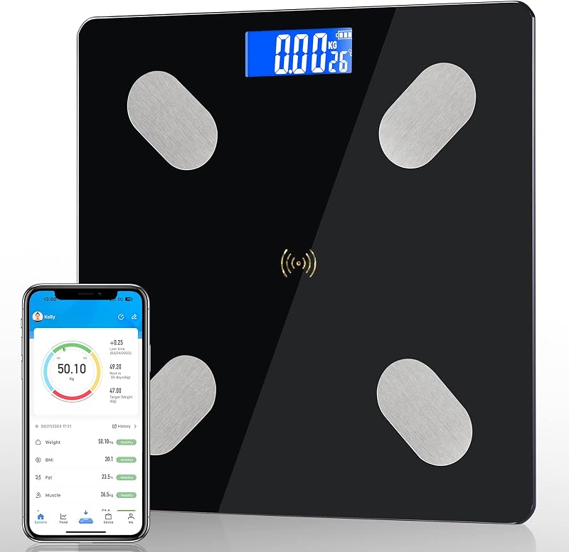 Diboniur Precision Smart Digital Bathroom Scale, Body Weight Scale for IOS and Android, Scales with 12 Indicators – Weight, Body Fat, Muscle (Black)