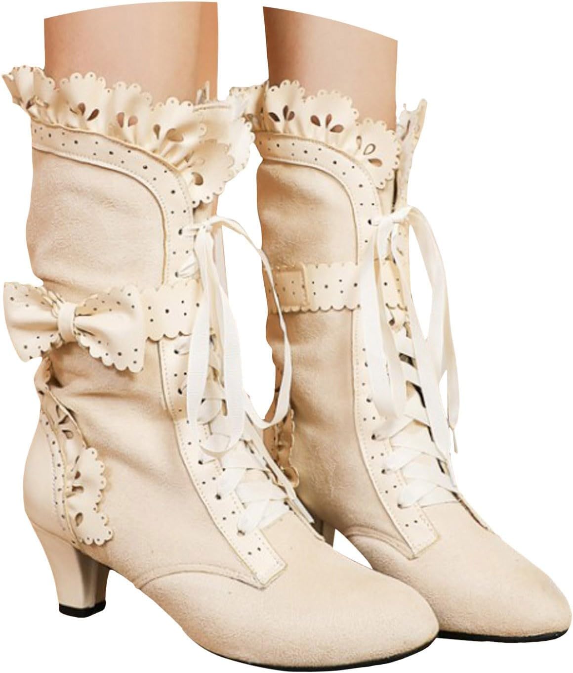 Gothic Boots for Women Wide Calf, Womens Vintage 70s Lace Up Victorian Boots Sweet Bow-knot Medieval Renaissance Booties Costume Shoes with Ruffles