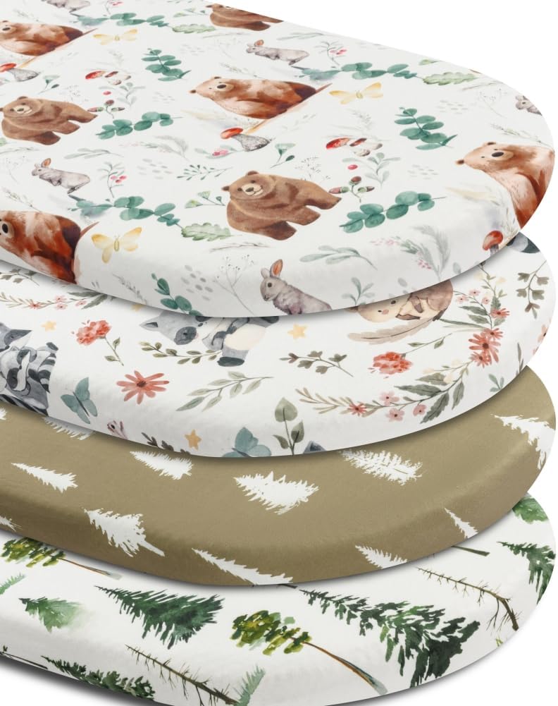 4 Pack Bassinet Sheets Woodland Forest Animals Wood Neutral Unisex Fitted Baby Bassinet Sheets Set for Standard Bassinets for Baby Boys or Girls