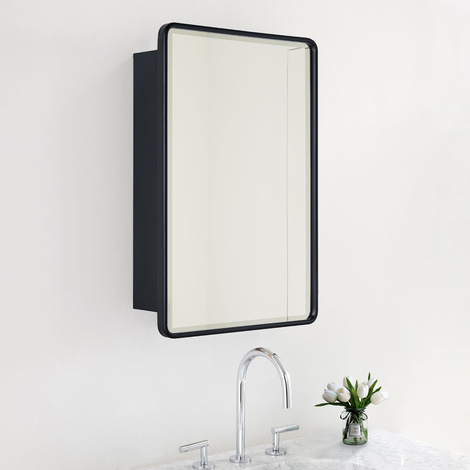 TEHOME Surface Mount 20x30'' Black Bathroom Medicine Cabinet with Mirror Matt Black Metal Framed Rounded Rectangle Medicine Cabinet with Beveled Mirror 4 Adjustable Glass Shelves