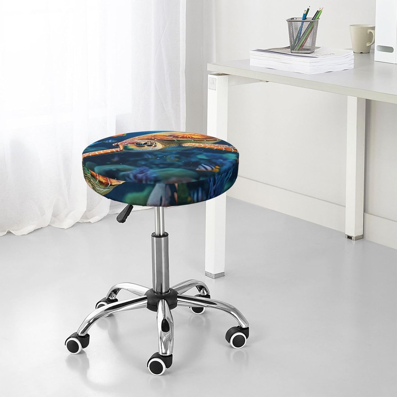 Bar Stool Cover Round Elastic Stool Cushion Covers Ocean Sea Turtle Tropical Fish Starfish Bar Chair Cover Washable Stool Cushion Slipcover Stretch Stool Seat Covers for 12-14 Inch Chair