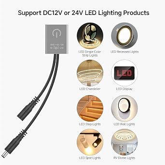 BTF-LIGHTING Mini Touch Dimmer Switch Brightness Adjustment Monochrome On/Off Touch Dimming Controller for Cabinet Light FCOB COB Bar 12/24VDC Max3A Silver (No Power or LED Strip)