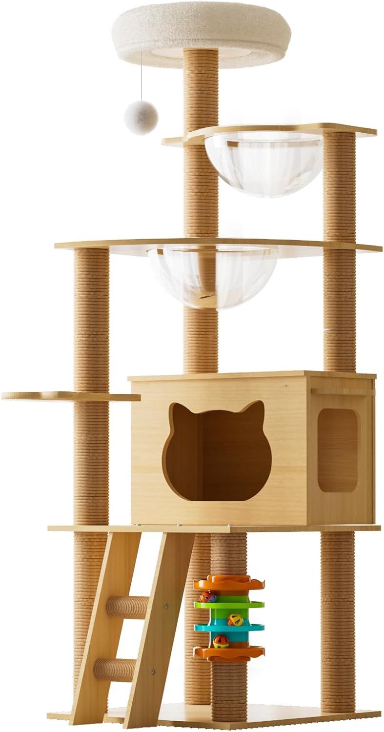 Cat Tower, Wooden, Slim, For Large Cats, 55.1 inches 140 cm Stationary, Space Saving, Transparent Bowl, Space Capsule, Suitable for Multiple Cats, Fat Cats, Senior Cats, Short-legged Cats