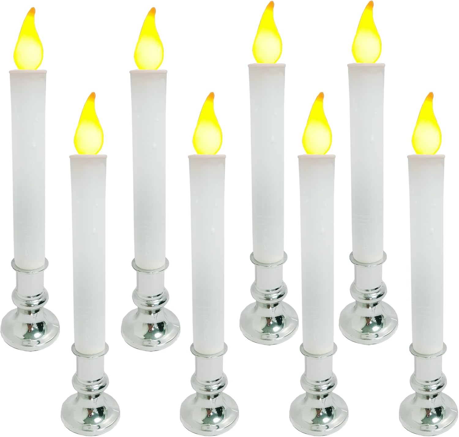 Christmas Window Candle Lights, Silver Base Lights，Dusk to Dawn Sensor Turns Candle on in Dark and Off in Light, 9 "LED Battery Powered Candles for Indoor Table Party Decorations - Set of 8