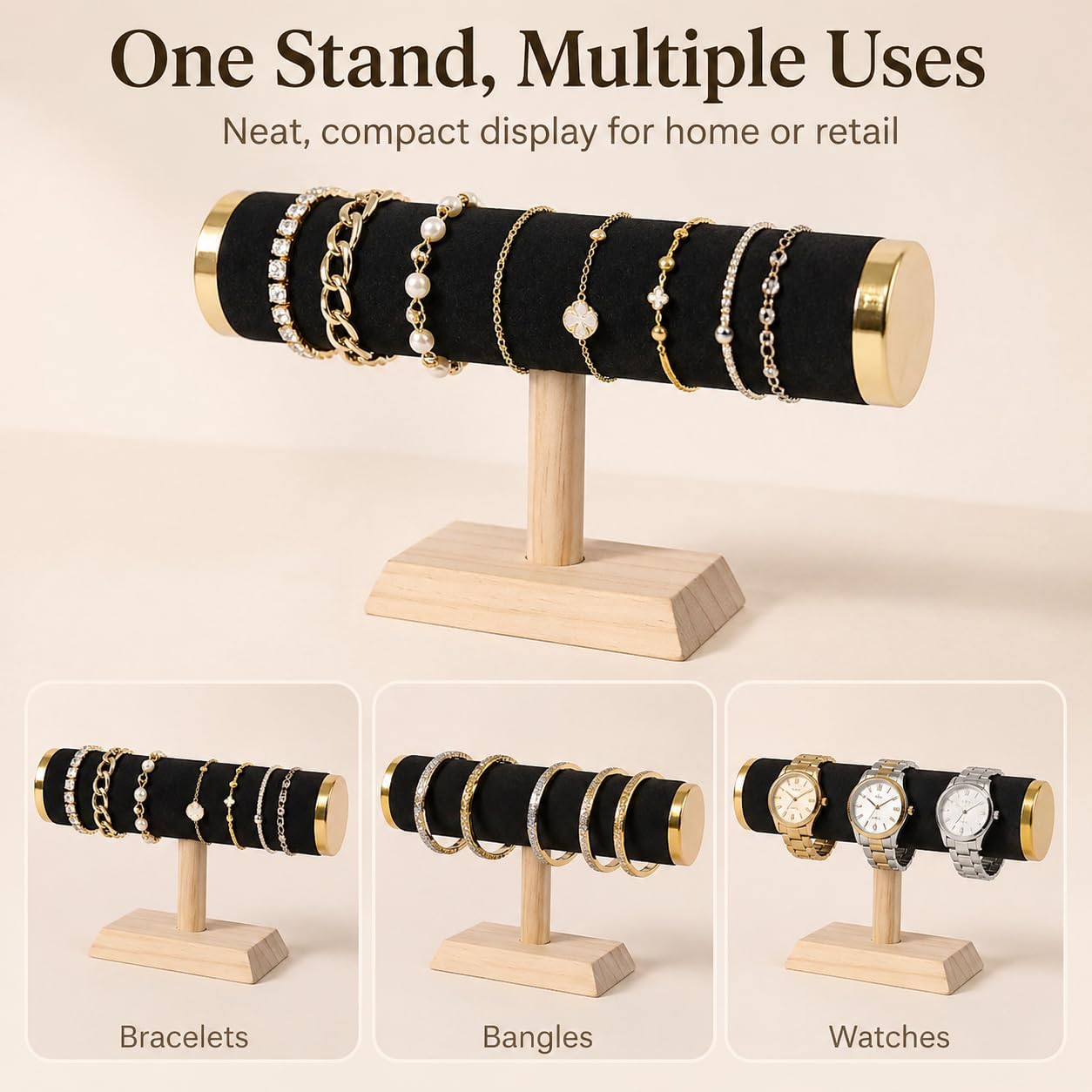 Wooden Watches Display tower Base Watch Necklace Bracelet Organizer Rack Bangle Scrunchie Headband Showcase tower (Velvet Round Black, 1-tiered)