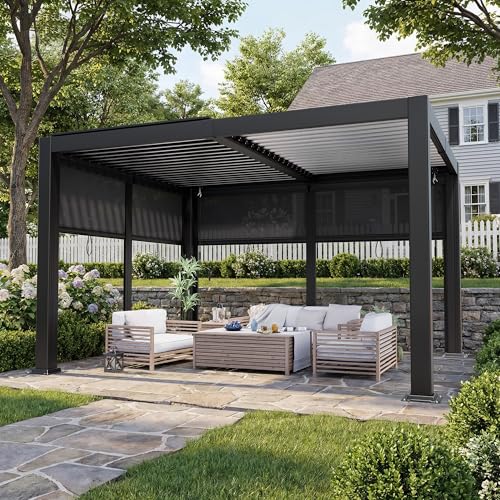 BETISEF 10'x12' Louvered Pergola with Pull-Down Screens Outdoor Aluminum Pergola with Adjustable Roof and Gutter, Hardtop Gazebo for Patio, Deck, Garden, 1 Long Side and 1 Short Sides