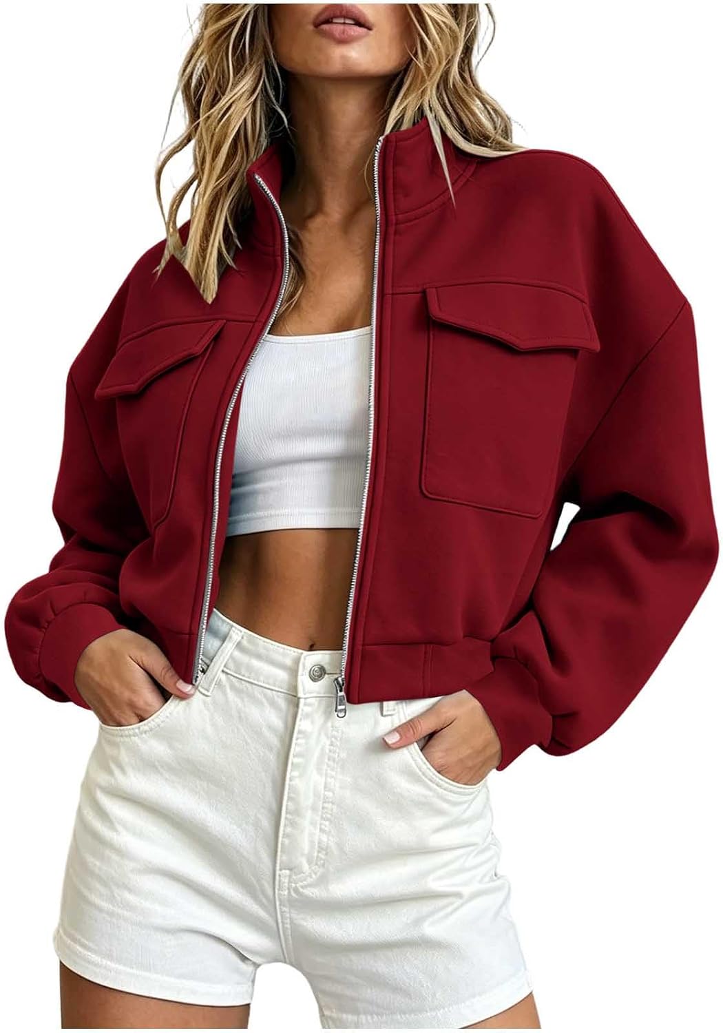 Cropped Jackets for Women Long Sleeve Full Zip Oversized Comfy Sweatshirt Fall Winter Fashion Street Outfits 2026