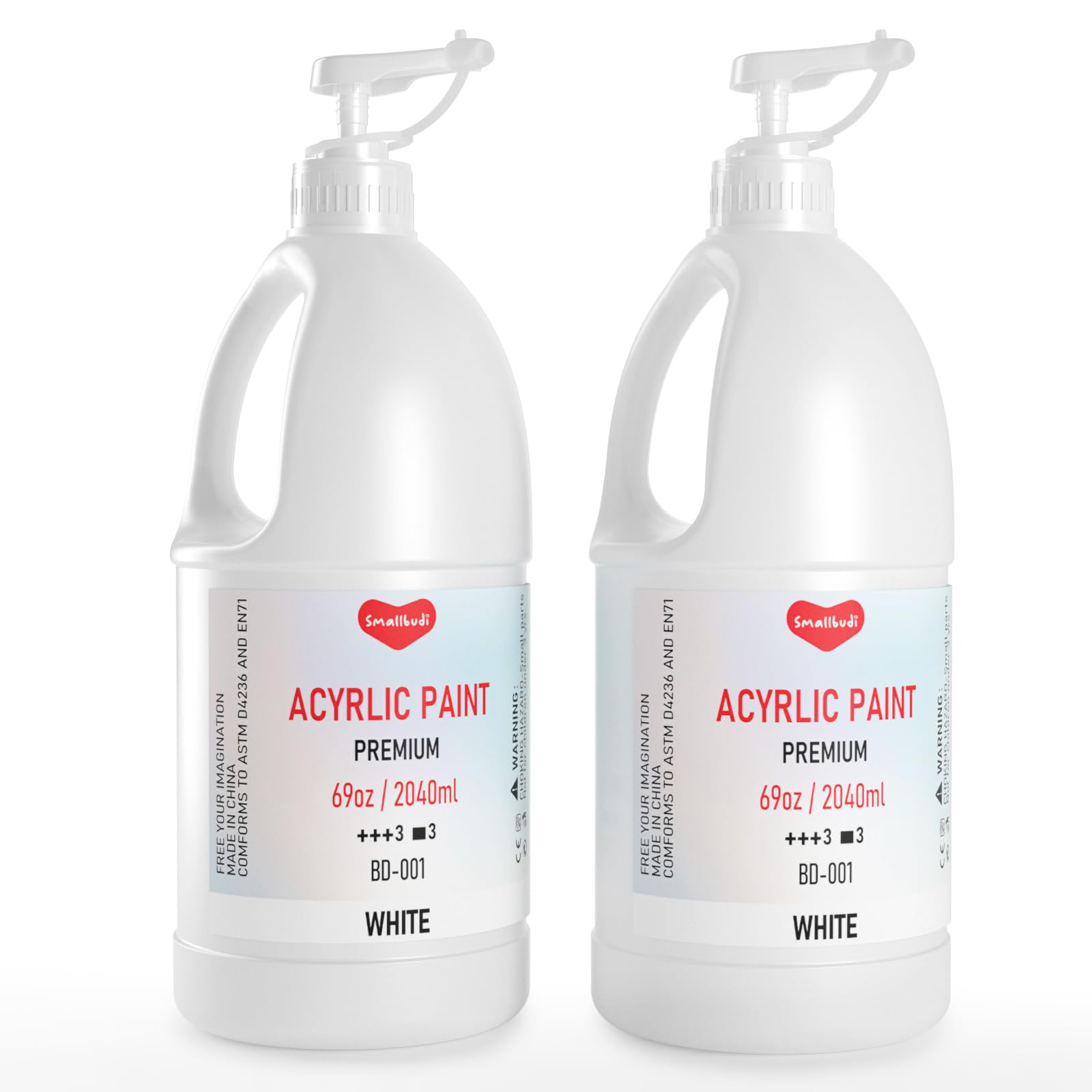 Smallbudi 2 Pack White Acrylic Paint Large Bottle (69oz /2040ml) Rich Pigment White Paint for Multi Surface Canvas Wood Ceramic Leather Fabric Rock