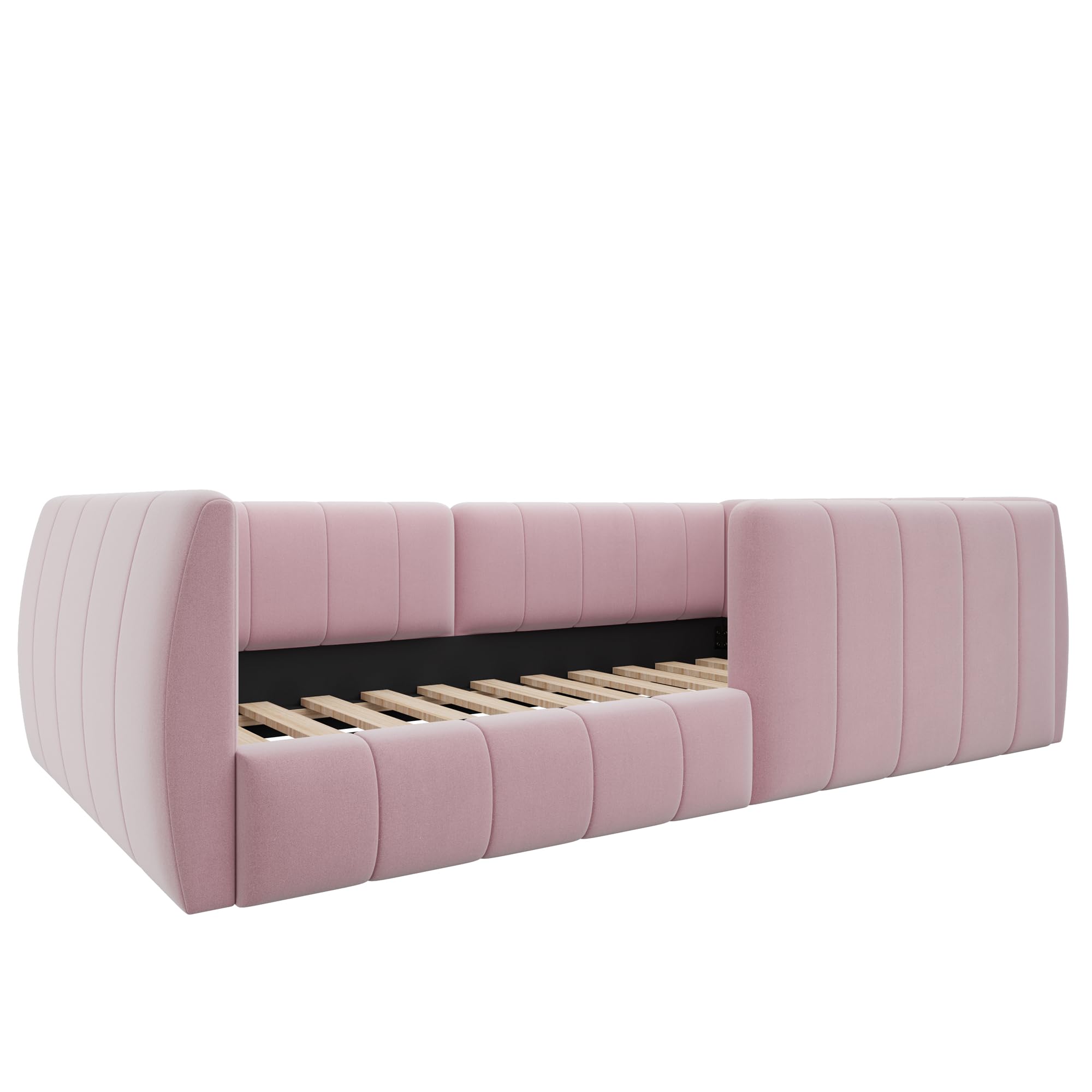 Kinderbett Bodenbett 90x200, Montessori Bett Polsterbett mit Rausfallschutz und Lattenrost, Einzelbett Gitterbett Jugendbett Spielbett Flachbett Bettgestell fürJunge und Mädchen, Ohne Matratze, Rosa