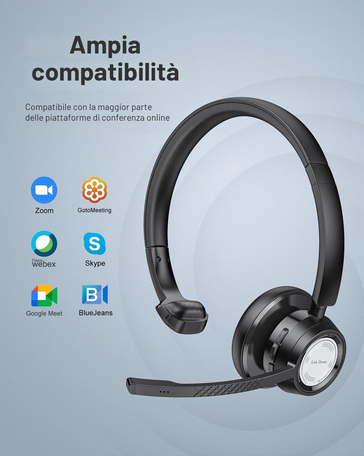 Link Dream Cuffie con Microfono Senza Filo e USB dongle, Cuffia Bluetooth Wireless PC Antirumore, Auricolare Business con 20 ore di conversazione, V5.0, Mic Mute, per Call Center, Skype Zoom, etc