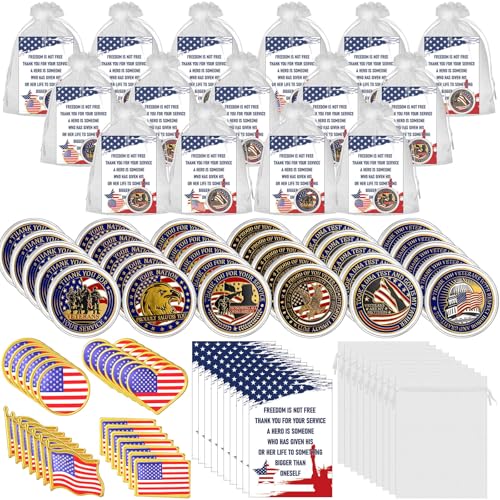120 Pcs Veterans Day American Flag Lapel Pin Set with 30 Military Veterans Commemorative Token 30 Patriotic Label Pins 30 Card 30 Organza Bag Thank You for Your Service Military Retire Gift