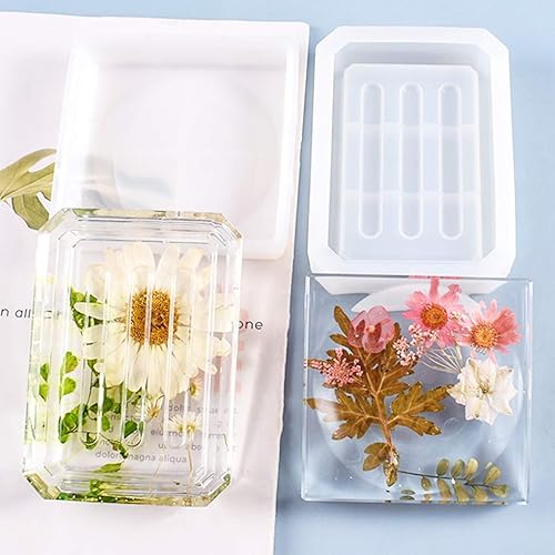 Miniatura 5 de FineInno 2 moldes de resina para jabonera, molde rectangular de silicona para bandeja de jabón, moldes redondos de resina epoxi para bandeja de