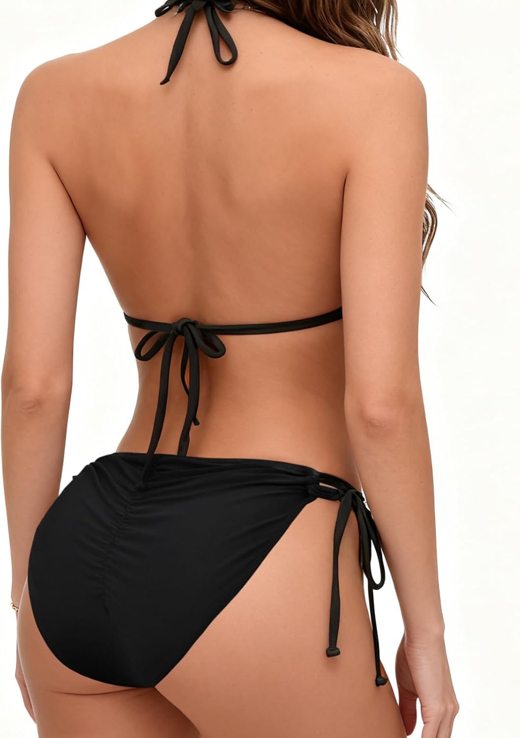 Women's Bikini Two Piece Swimsuits Black Bikini Sexy Pearl Halter Triangle Bikinis Sets Tie Side Bottom Bathing Suits - Image 4