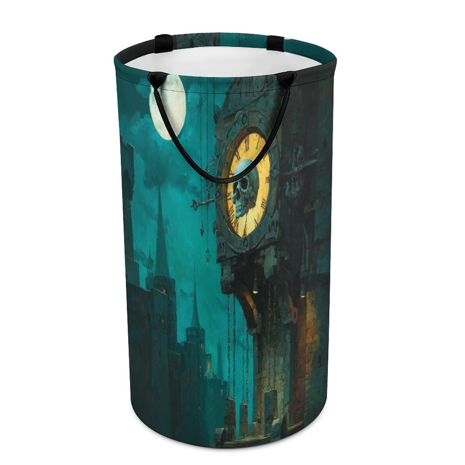 LUYYSKY Fantasy Abstract Skull Clock Collapsible Dirty Clothes Basket, Mid Century Classic Full Moon Gothic Castle Skeleton Skull Portable Clothes Storage Laundry Basket-40 CM Dia, 69 CM High