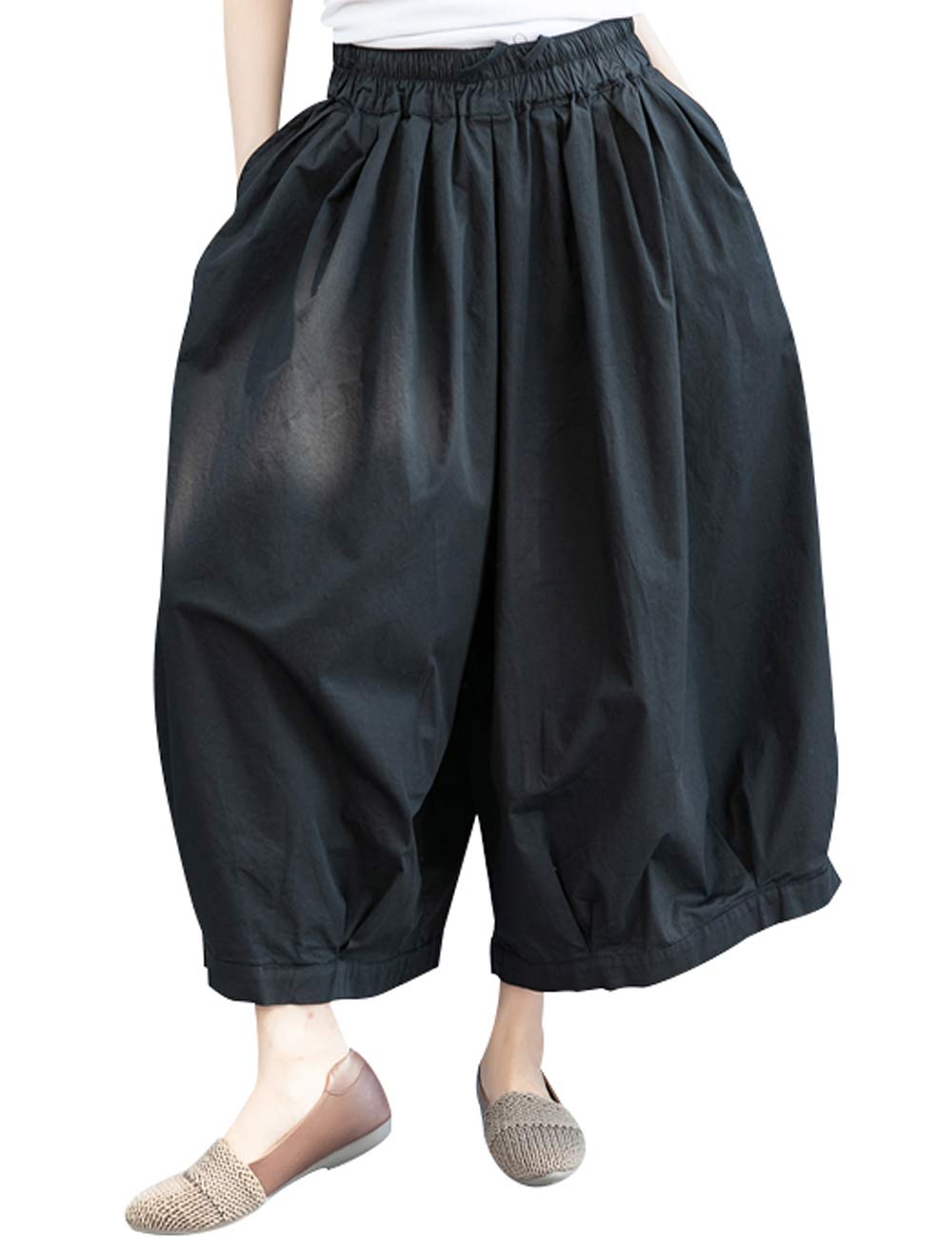 Womens Elastic Waist Wide Leg Pants Casual Cotton Trousers