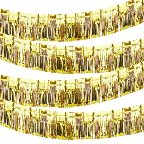 4 Pack Iridescent Float Fringe Curtains, Metallic Foil Fringe Garland Shiny Tassel Foil Float Parade Float Decorations For Trailer Car Graduation Homecoming Outdoor Indoor Party (Gold)