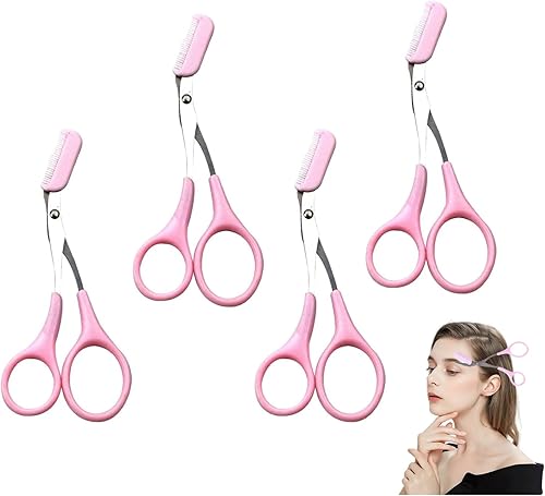 4Pack Eyebrow Scissors with Comb - Precision Eyebrow Trimmer Scissors - Non-Slip Finger Grips - Hair Removal Beauty Accessories for Women - Pink
