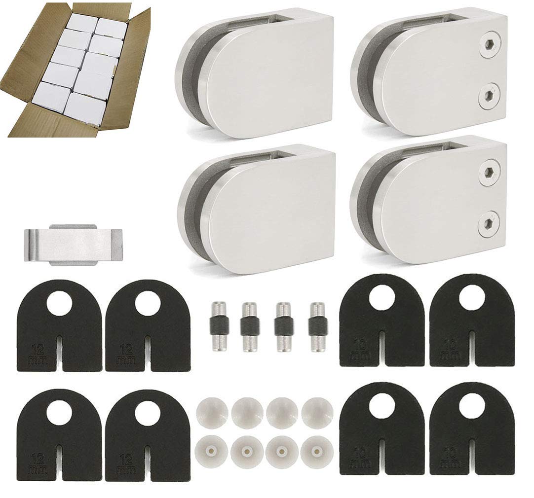 40-Pack, Stainless Steel 316 Grade Flat Back Round Glass Clamp 63 x 45 mm for 3/8" - 1/2" Tempered Glass or Laminated Glass, Satin Finish (GC-064S-40)