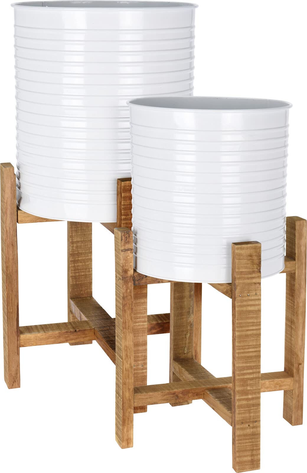 Muddy Hands Set of 2 - Metal Plant Pot with Wooden Stand Indoor Home Outdoor Garden Decorative Flower Planter Cover Holder Shelf Display (Set of 2 White)