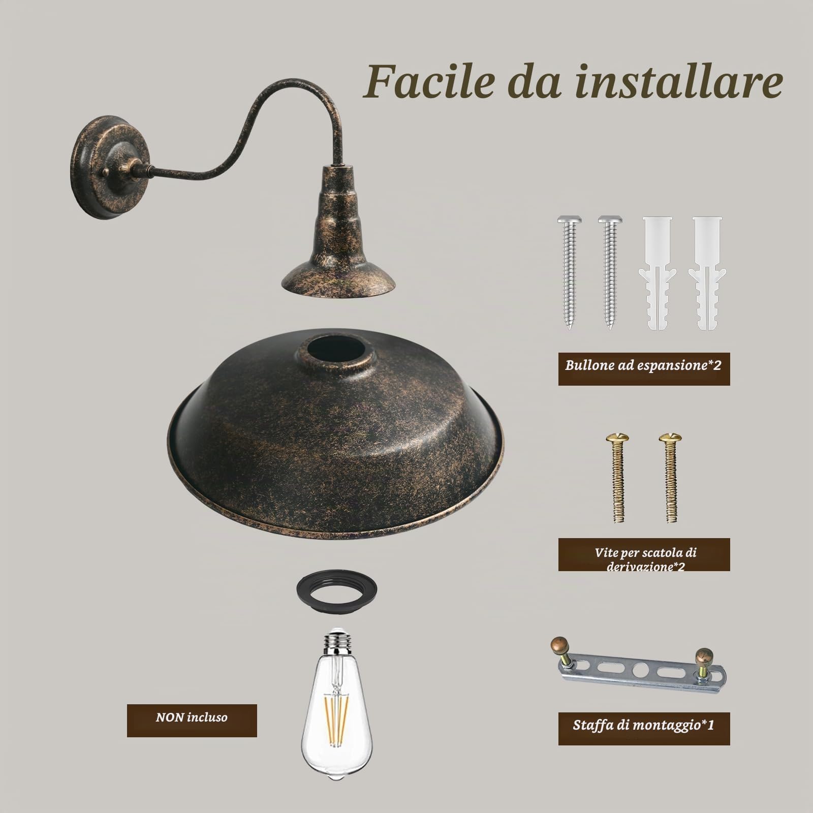 2 Pezzi Applique da parete per esterni vintage Lampada da fienile a collo di cigno impermeabile Lampada da parete per portico antiruggine retrò Lampada da parete per esterni da 10,2 pollici