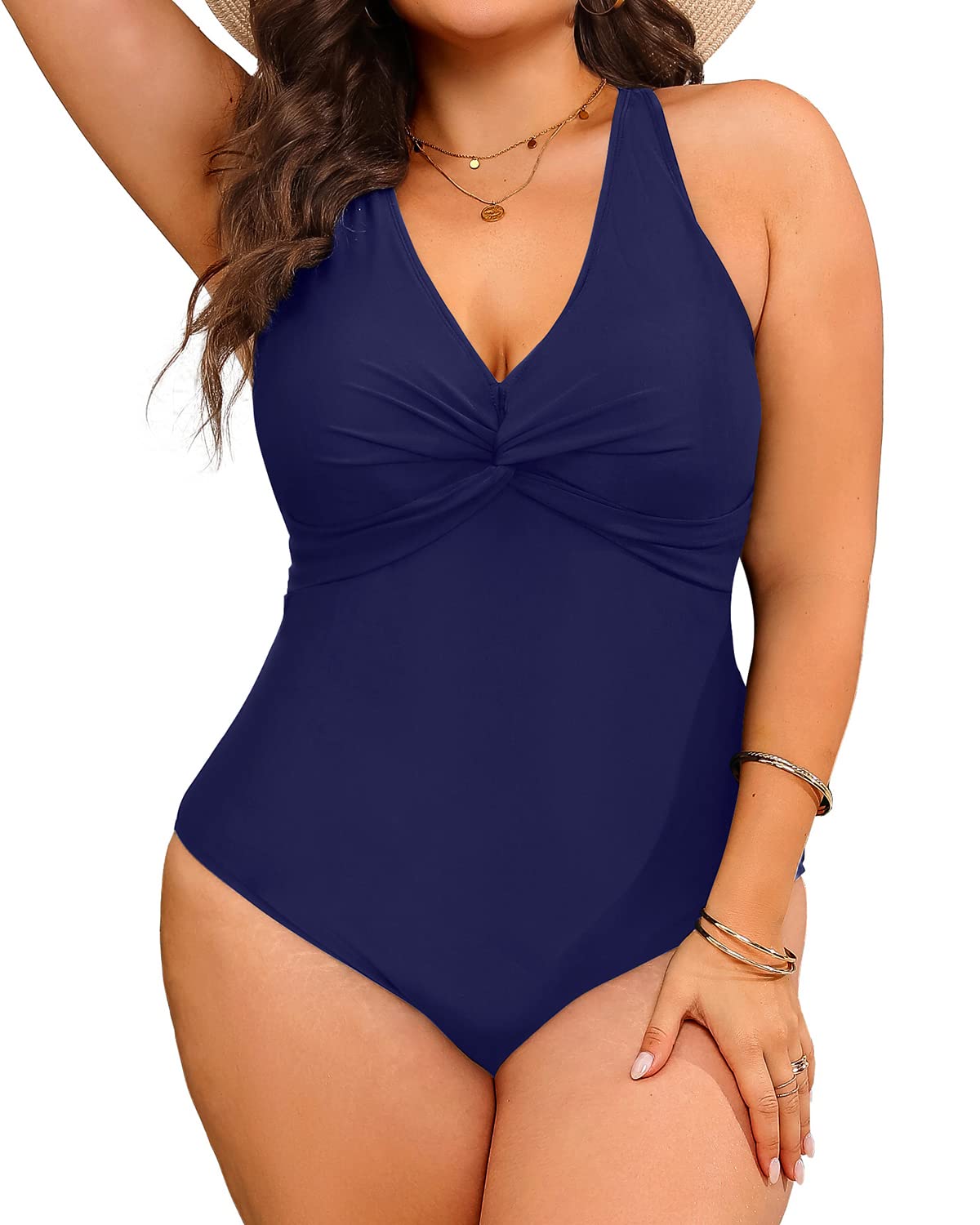Aqua Eve Women Plus Size One Piece Swimsuits V Neck Tummy Control Bathing Suits Front Cross Swimwear Blue 16W