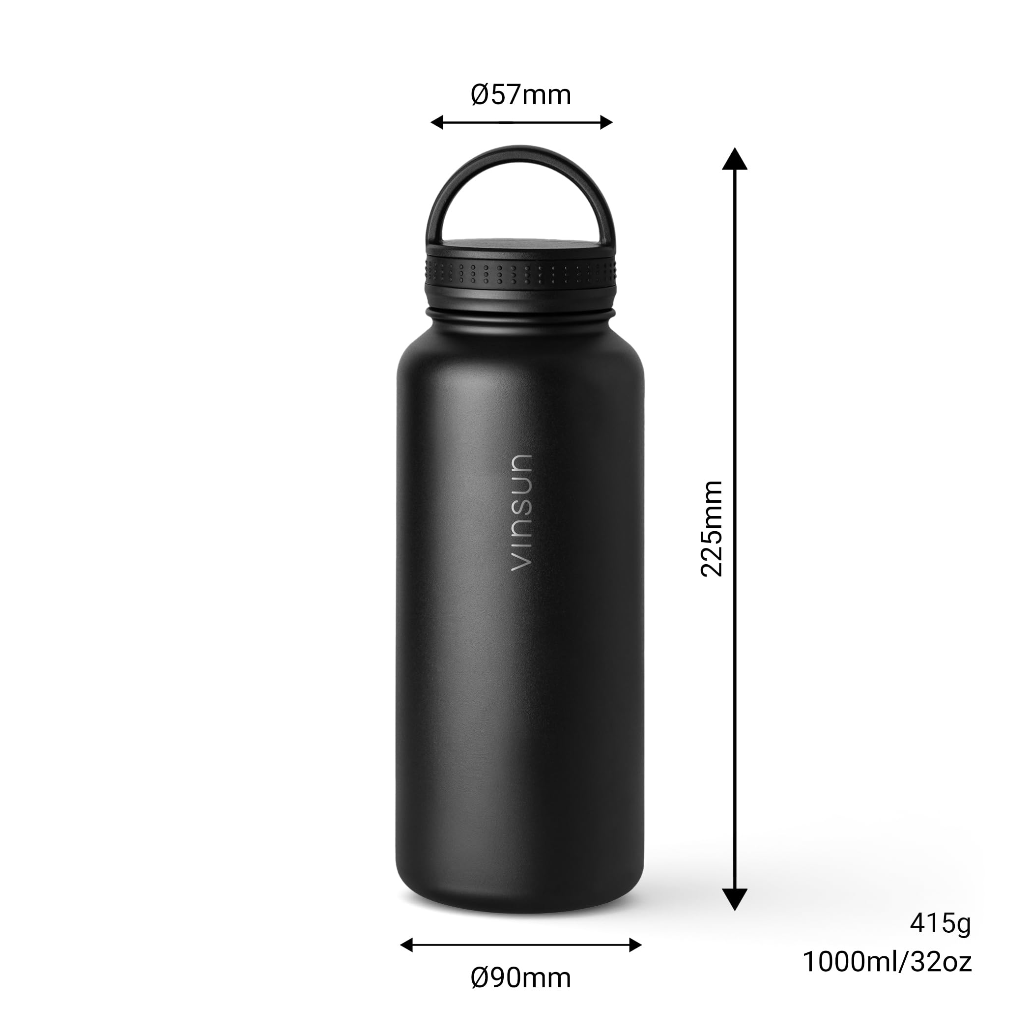 VINSUN Stainless Steel Water Bottle Black 1L, 3 Lids, Leakproof, Carbonic Acid Suitable, BPA Free - Image 3