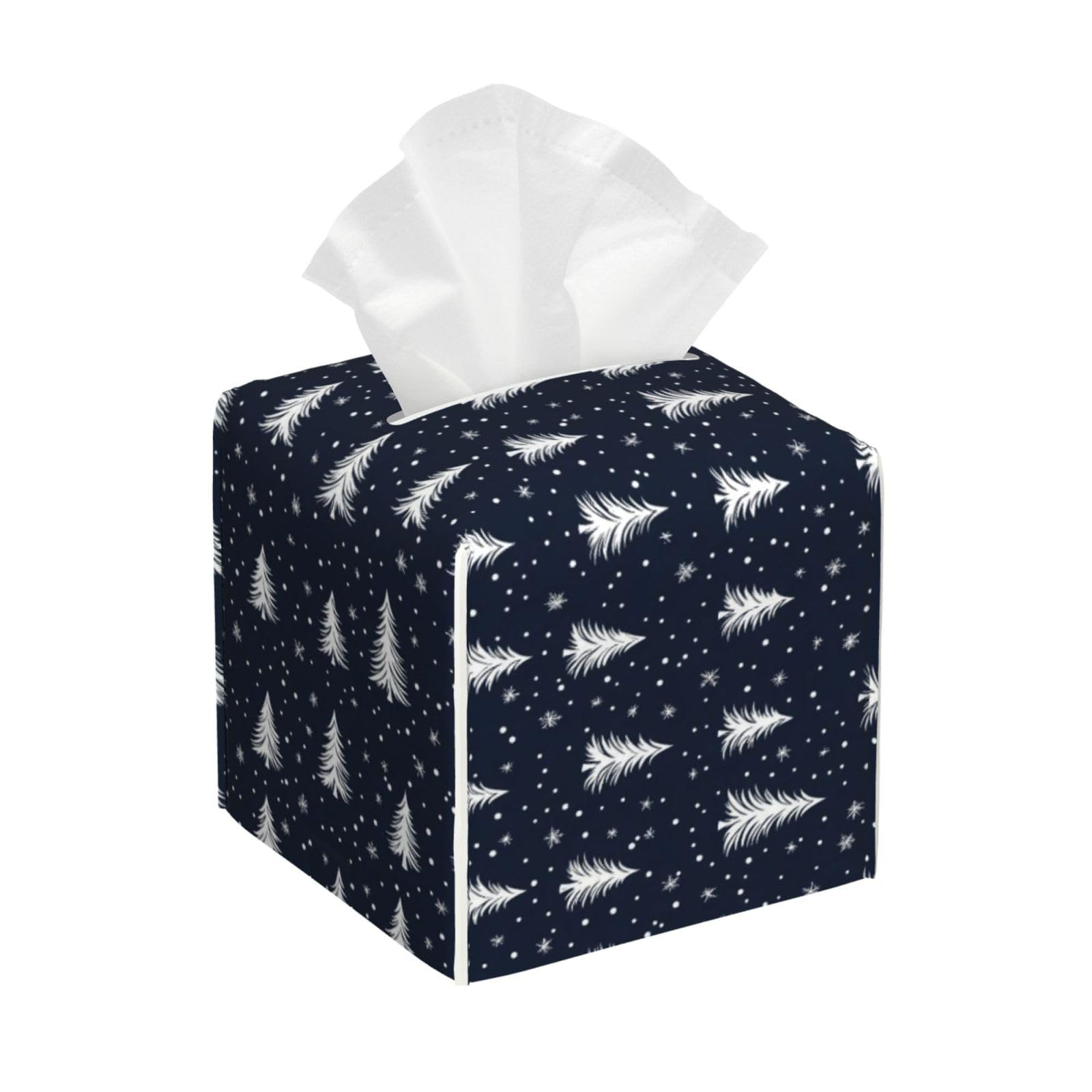 Classic Snowy Print Tissue Box Cover Holder Square, Foldable Modern Cube Tissue Box Cover, Leather Decorative Organizer for Tabletop Bathroom Car Office Desk Decor