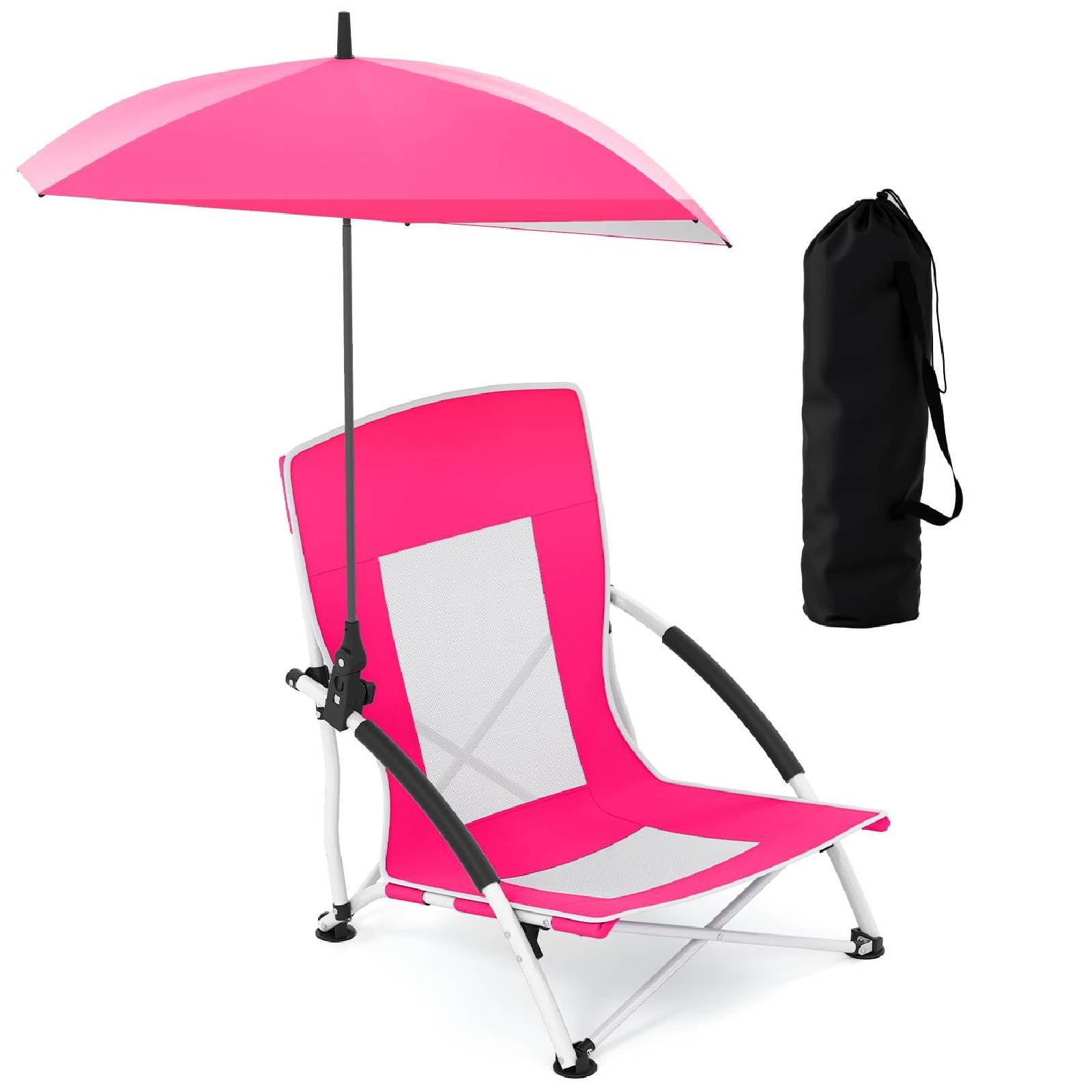 TANGZON Portable Beach Chair, Low Folding Camping Chair with Adjustable & Detachable Umbrella, Umbrella Clamp, Padded Armrests & Carry Bag, Lightweight Outdoor Seat for Picnic Fishing (1, Pink)