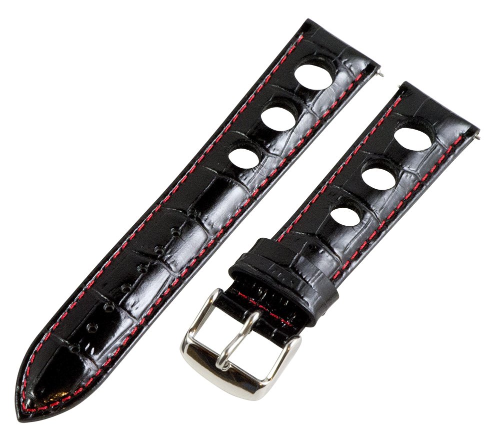 Clockwork Synergy, LLC 21mm Rally 3-hole Croco Black/Red Leather Interchangeable Replacement Watch Band Strap