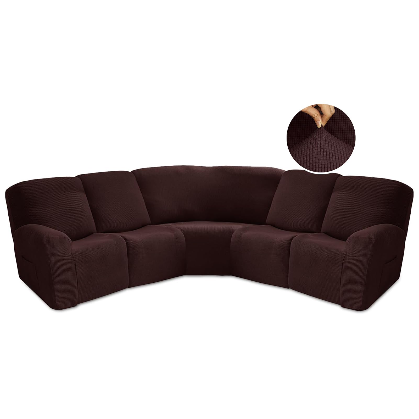 JUNLEBUYI Recliner Slipcover, L Shape Sectional Recliner Sofa Covers, 5 Seater Jacquard Stretch Reclining Couch Covers for Reclining L Shape Sofa, Thick, Soft, Washable (Brown)