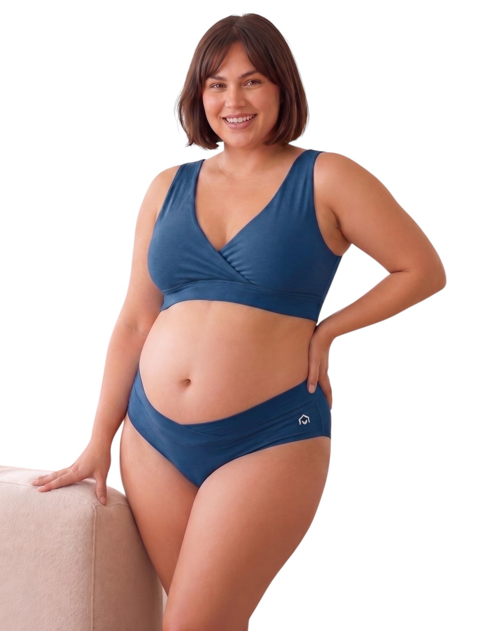 Maternity Nursing Bra and Panty Set, Padded Wirefree Breastfeeding Lingerie, Soft Modal Seamless Pull Down Feeding Bra with Low Rise Underbump Pregnancy Underwear Combo for Women (Blue, 34)-image-26