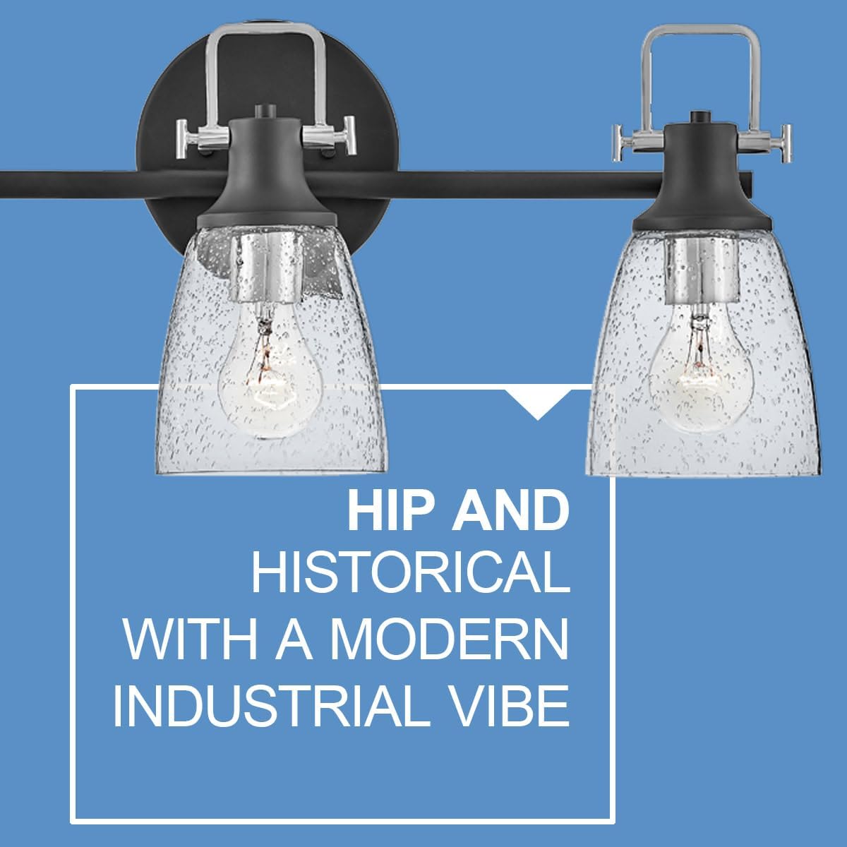 Hinkley Easton Three Light Bath Vanity Fixture, Modern Industrial, Clear Seedy Glass Shade, Mounts Up or Down, Black and Chrome