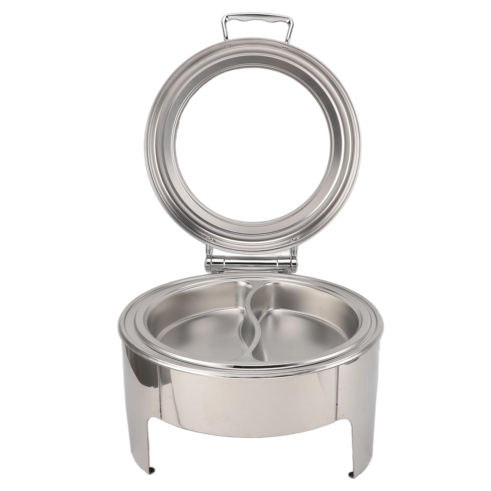 lyrlody Plato Redondo de Acero Inoxidable de 6 Litros, Servidor de Buffet con Tapa de Vidrio Visible, Calentador de Alcohol, Tapa Abatible de 90°, Sartén Profunda, Acabado Espejo para Buffet,