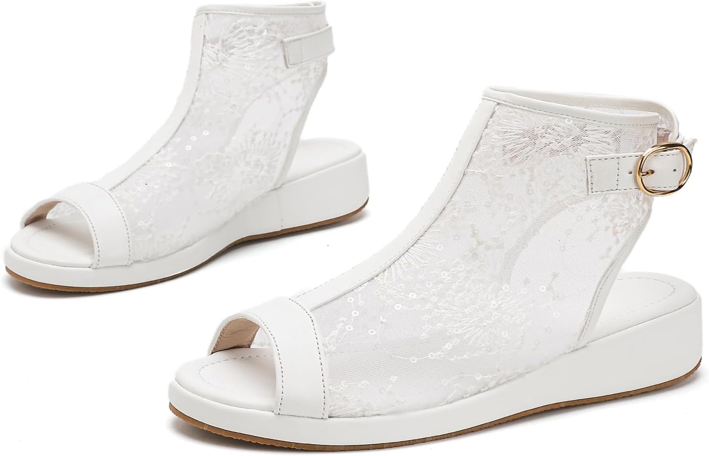 getmorebeauty Floral Lace Mesh Wedge Sandals for Women Open Toe Slingback Buckle Ankle Bootie Soft Sole Summer Casual Shoes