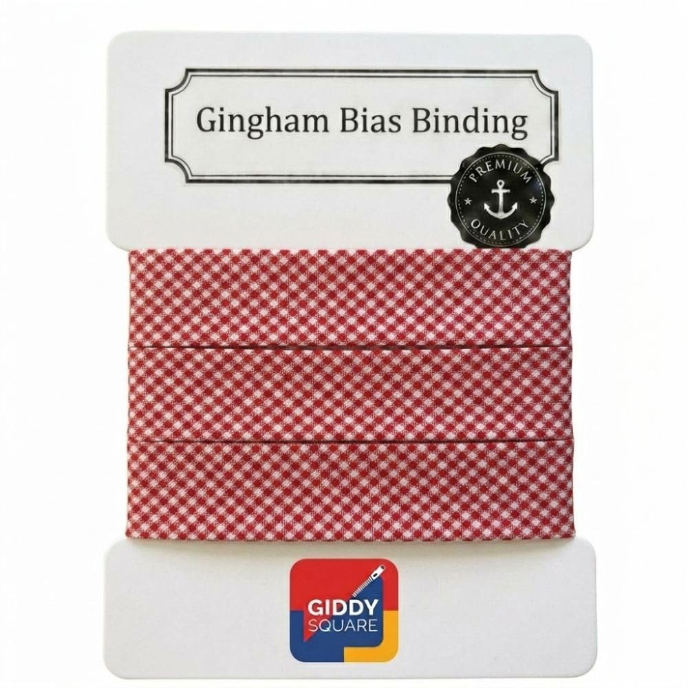Premium Yarn Dyed Polycotton Gingham Bias Binding Tape 20mm Red Small Gingham 3m - Strong Smooth Hardwearing Woven Check Trim for Quiting & Garment Edging- Machine Washable - Giddy Square